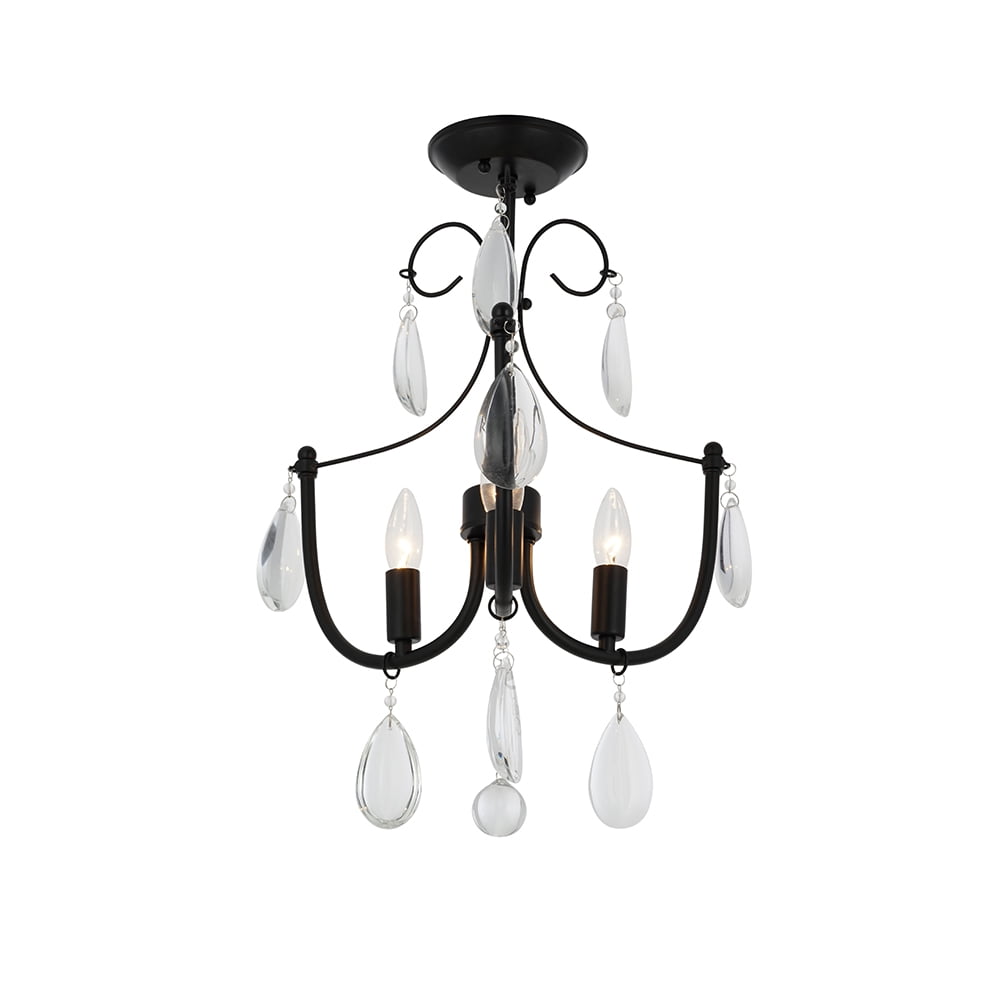 Cresswell Lighting 16" Traditional Dark Bronze 3-Light Flush mount Ceiling Light with Glass Beads, LED Bulbs Included