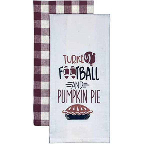 Turkey Football and Pumpkin Pie Harvest 2 Pcs Flour Sack and Gingham Check Kitchen Towels Size: 15" x 25".