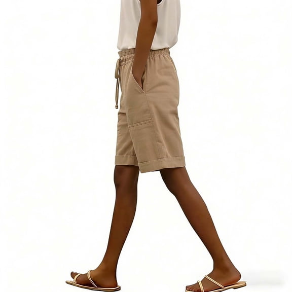 Qgtaibl Women's Cotton Bermuda Shorts Drawstring Paper Bag Waist Casual Shorts with Pockets Cuffed Hem Loose Fit Summer Shorts Beige XXL