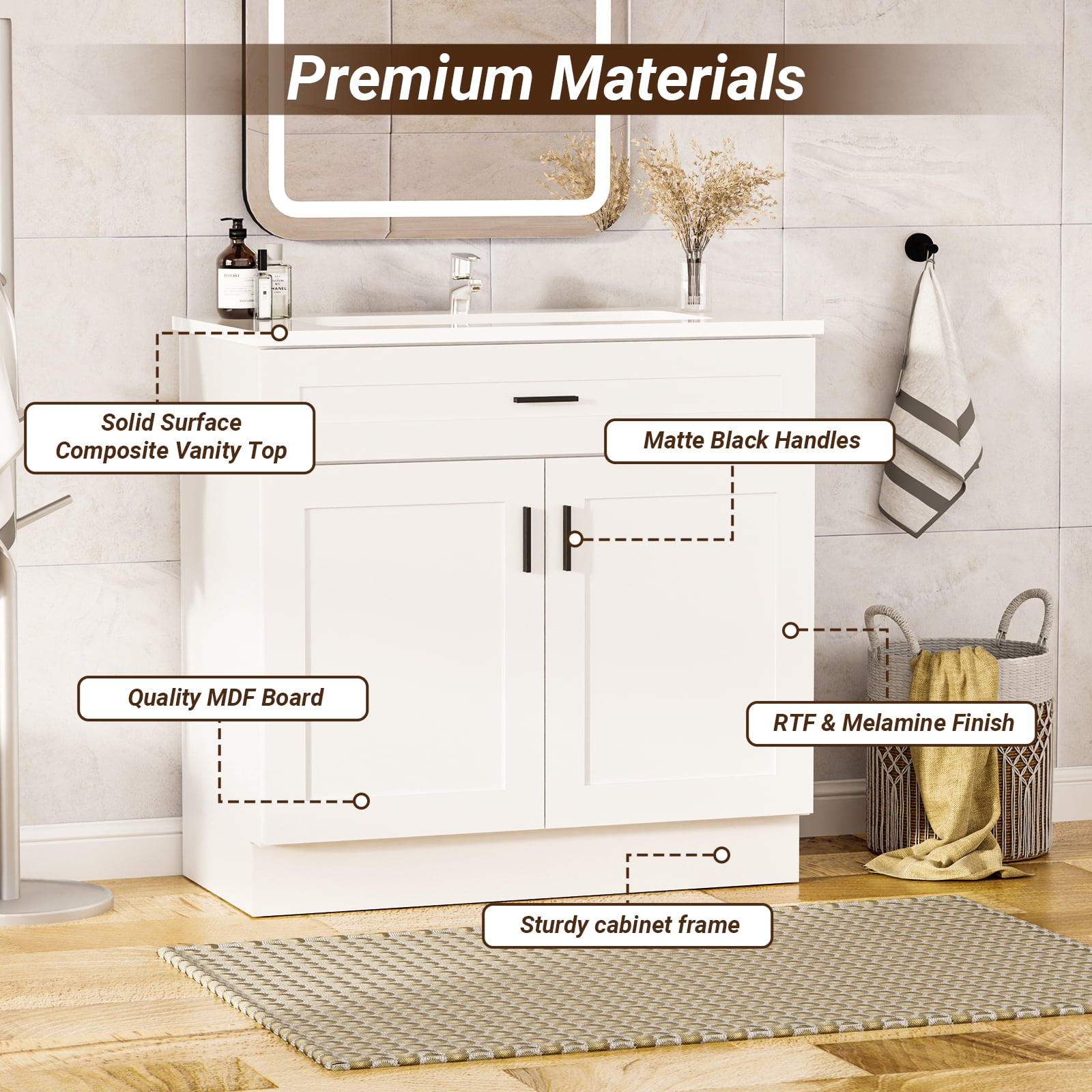 KZElegy 36" Bathroom Vanity with Top Freestanding Bathroom Vanity Set with Ceramic Sink,Farmhouse Bathroom Vanity Cabinet,White