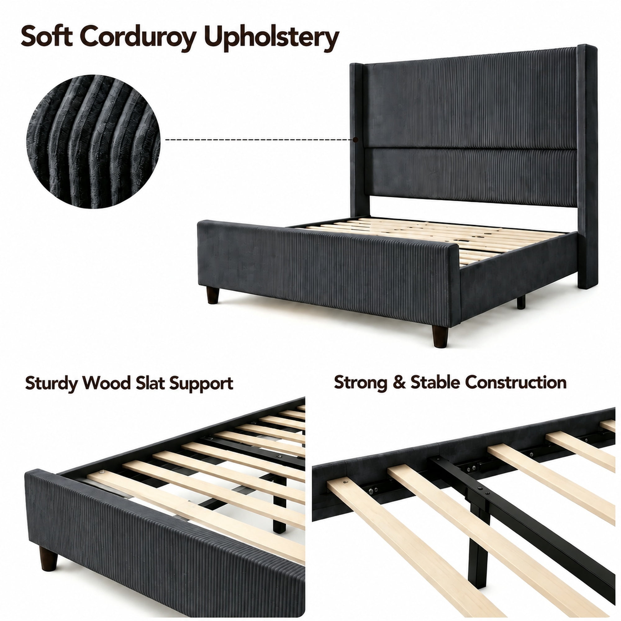 Leumius Full Size Bed Frame with Padded Headboard, Luxury Thick Base Bed with Extra-high Wingback Vertical Stripes, Sturdy Solid Wood Slats and Legs,Dark Gray