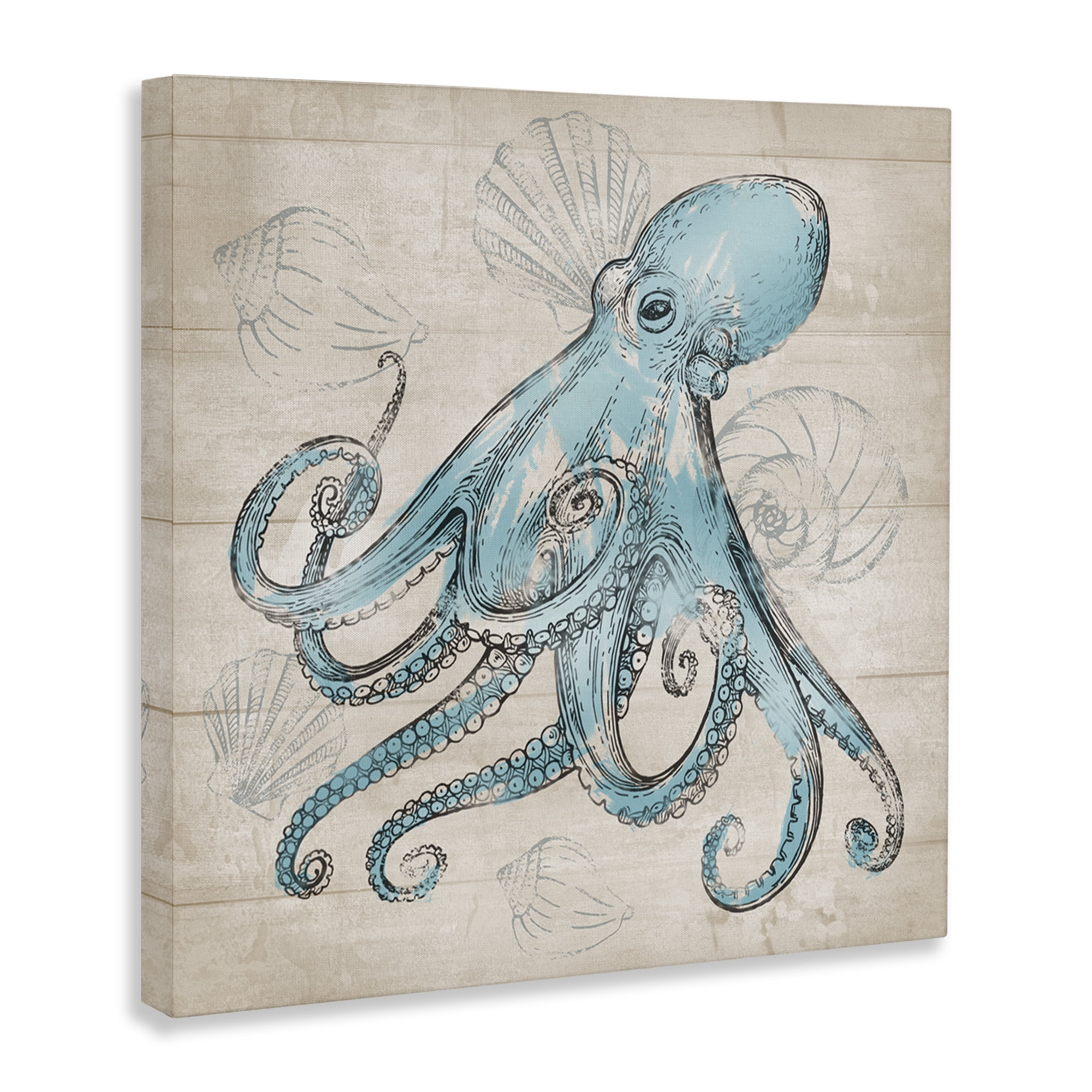 Stupell Industries Vintage Drawn Octopus Animals Painting Wrapped Canvas Art Print Wall Art, 24 x 24