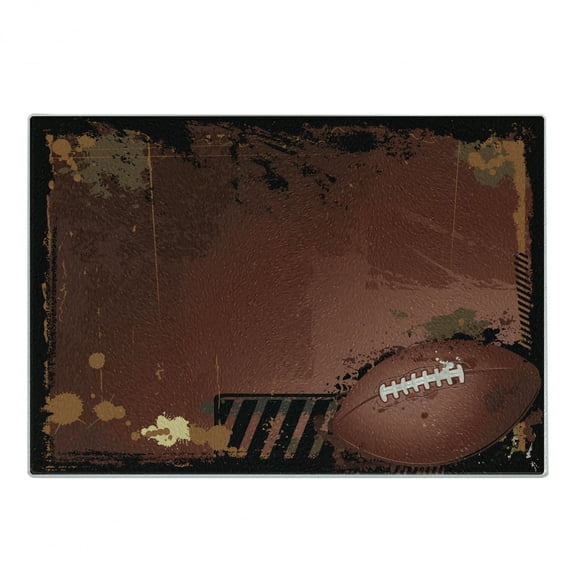 Sports Cutting Board, Maroon Grunge Rugby Theme with Game Elements Competition Win Sports Artisan Image, Decorative Tempered Glass Cutting and Serving Board, Small Size, Brown Black, by Ambesonne