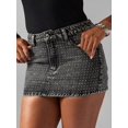 thumbnail image 3 of Women High Waist Vintage Washed Denim Skirt With Rhinestones In Black And Gray, 3 of 4