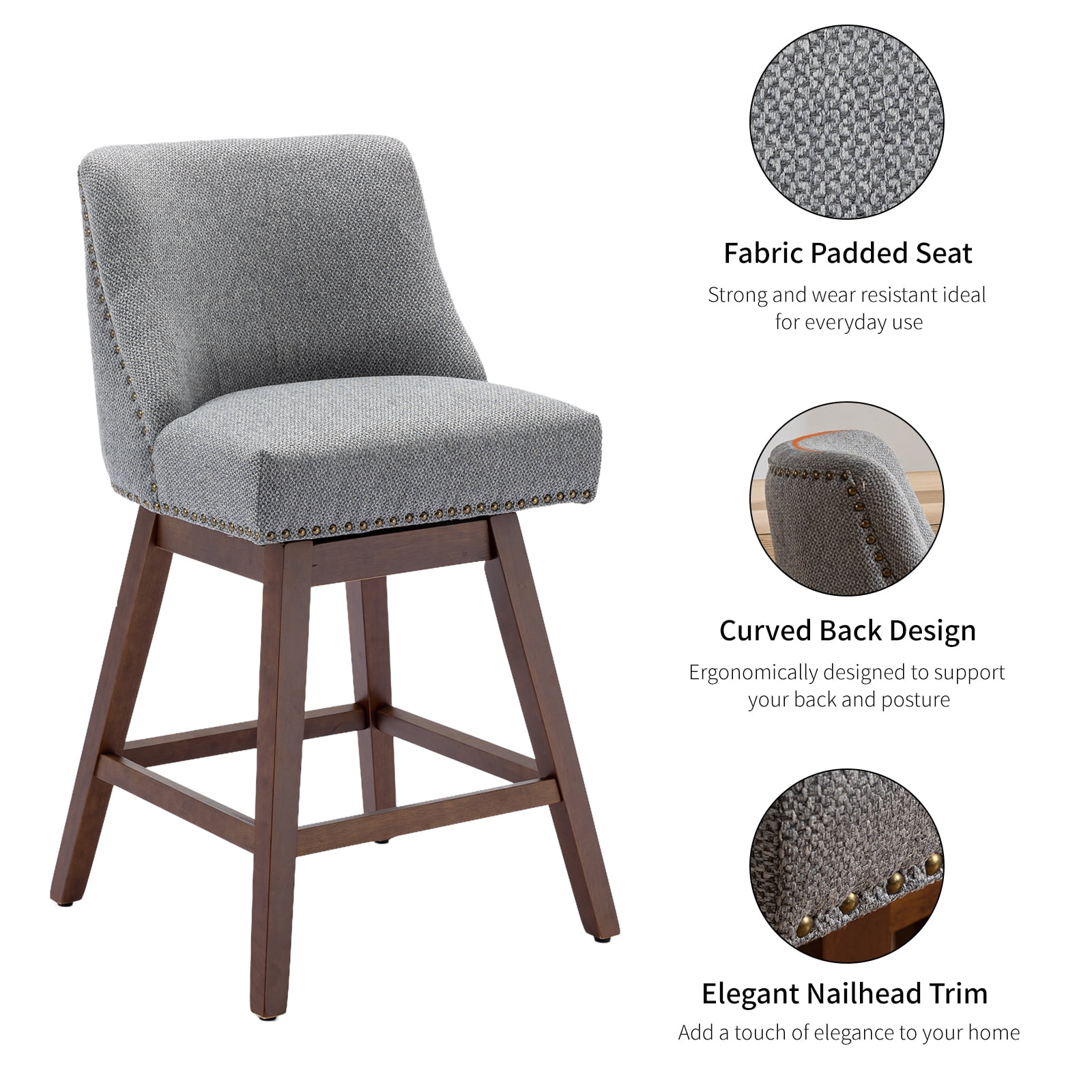Modern Swivel Bar Stools Set of 6, Grey Counter Height Bar Stools with Back for Kitchen Island, Fabric Upholstered Island Chairs with Wood Legs, Barstool Chairs, Sillas para Barra de Cocina