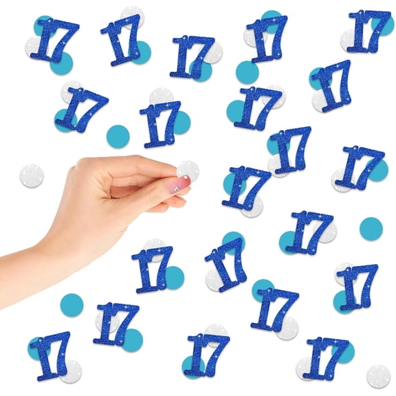 120Pcs Number 17 Confetti, Blue Glitter 17th Birthday Paper Confetti, Silver Circle Cut Out for Birthday, 17th Anniversary Party Decoration