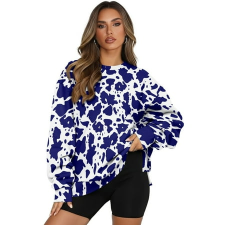 SCRAWLGOD Cow Print Blue White Womens Casual Sweatshirts Long Sleeve Round Neck Sweatshirt Tops with Pocket Fashion Oversized Comfortable Clothing for Daily Wear S
