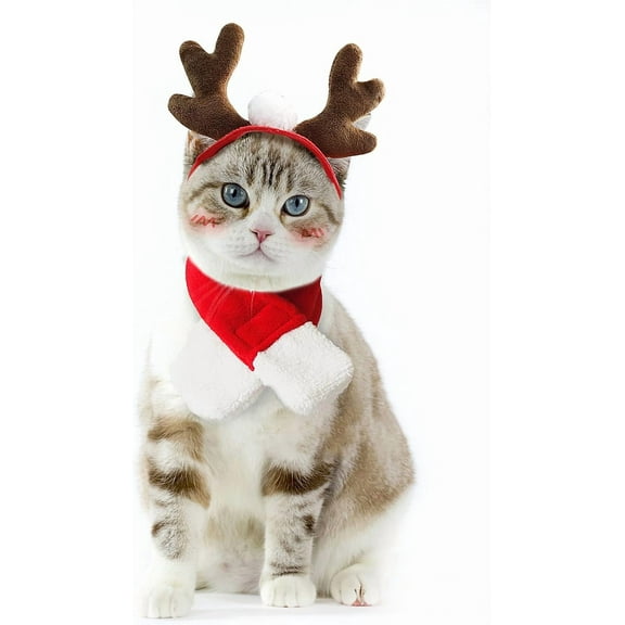 Pet Christmas Costumes for Cats Small Dogs, Cat Reindeer Antlers Headband with Xmas Scarf, Adjustable Doggie Reindeer Hat Santa Scarf, Kitten Christmas Outfit Cosplay