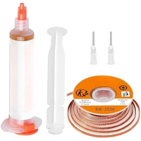 10ft Solder Wick Braid & No-Clean Soldering Flux Paste (10cc) - Desoldering Kit for Electronics Repair, PCB, Circuit Board Rework