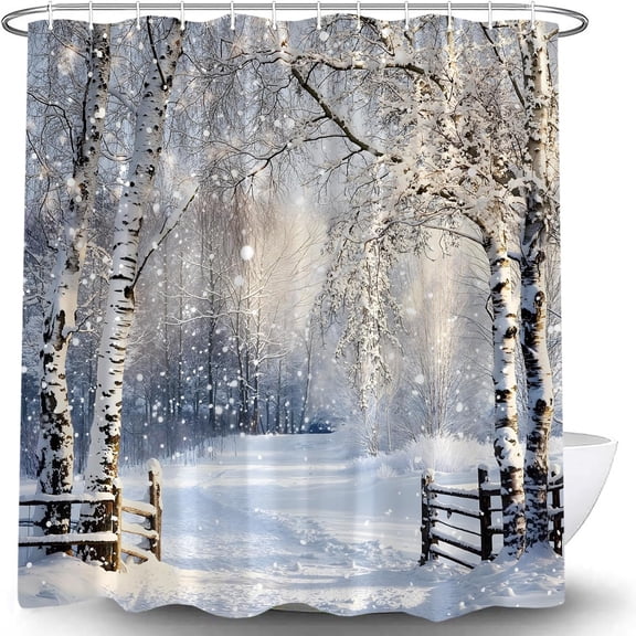 Winter Forest Shower Curtain, Snowy Birch Tree Waterproof Bathroom Curtain with Hooks, Rustic Christmas Bathroom Decor 36"W x 72"H