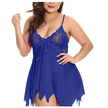 

KDDYLITQ Women V Neck Lace Nightgown Sexy Lingerie Outfits Chemise Plus Size Babydoll Nightdress Blue XXXL