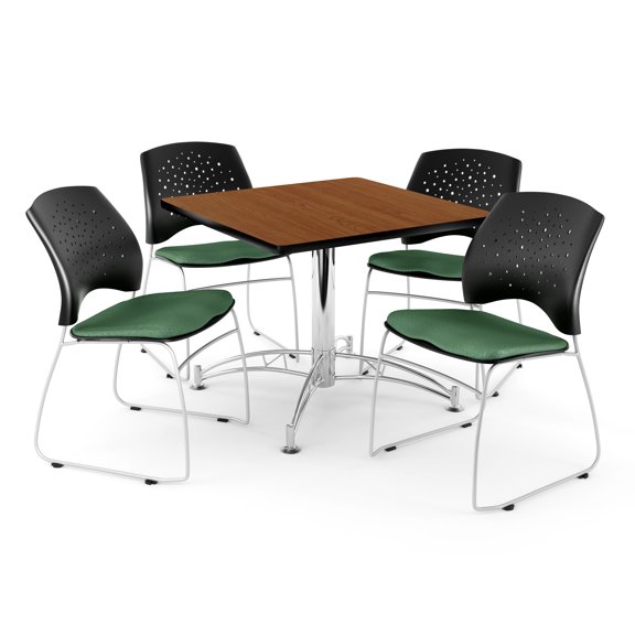 OFM Core Collection Breakroom Bundle, 36" Square Multi-purpose Table in Cherry, 4 Stars Stacking Chairs in Shamrock Green (PKG-BRK-014-0001)