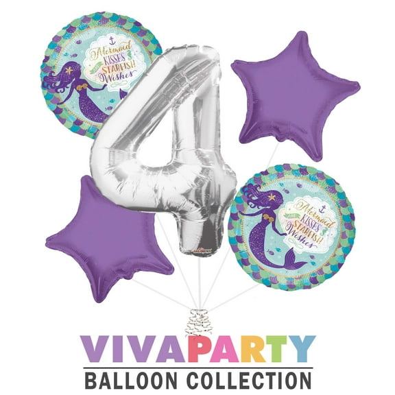 Mermaid Kisses and Starfish Wishes Round Balloon Bouquet 5 pc, 4th Birthday, Silver Number 4 Jumbo Balloon | Viva Party Balloon Collection