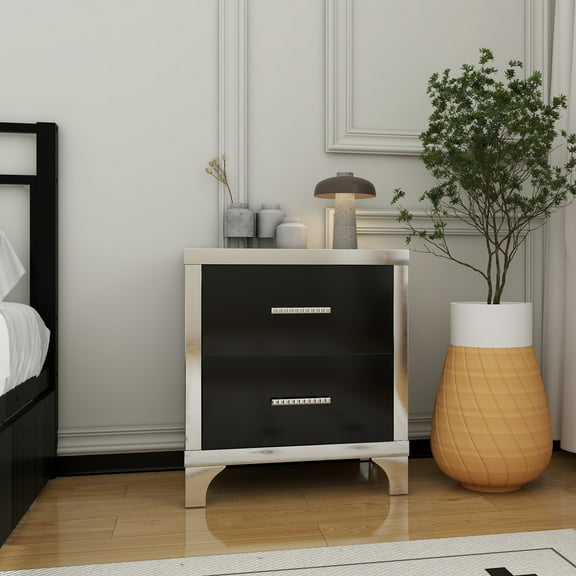 Elegant High Gloss Nightstand with Metal Handle,Mirrored Bedside Table with 2 Drawers for Bedroom,Living Room,Black