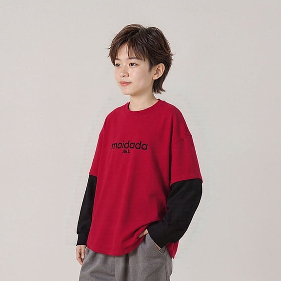 Boys' Layered Look Long Sleeve T-Shirt Color Block Wine Red Top Soft Stretch Oversized Fit Casual Streetwear for Kids Ages 7-15,Size 9-10 T