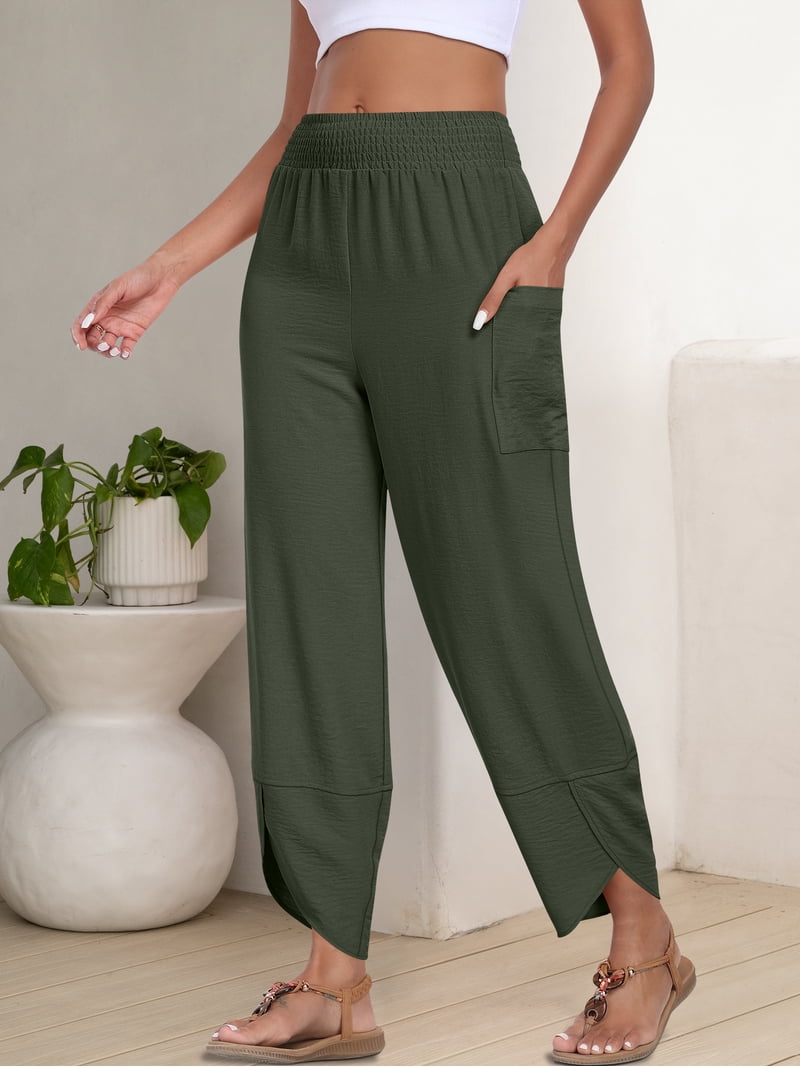ANRABESS Wide Leg Capri Pants for Women Smocked High Waist Cropped