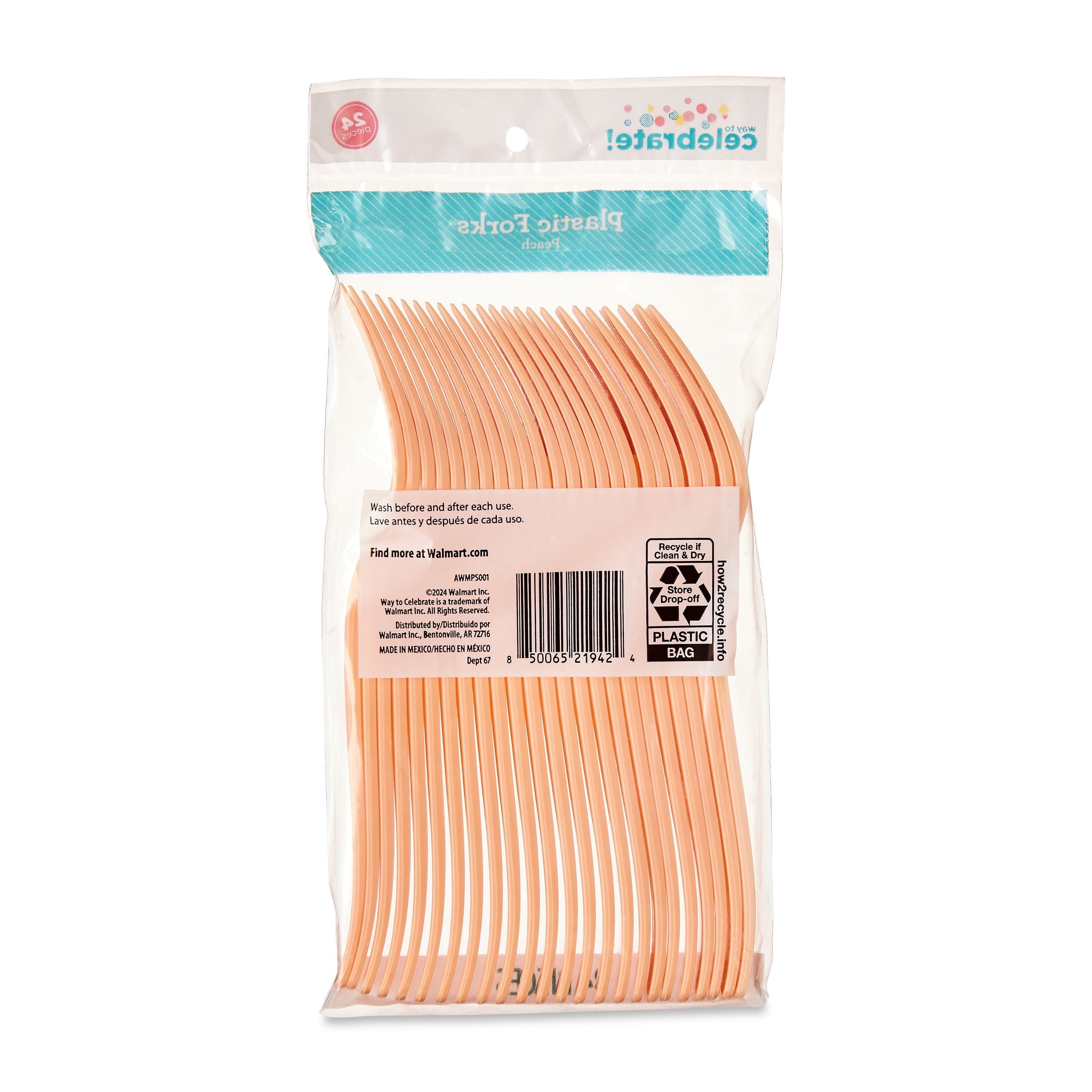 Plastic Disposable Forks, Peach, 24 Pieces, by Way To Celebrate