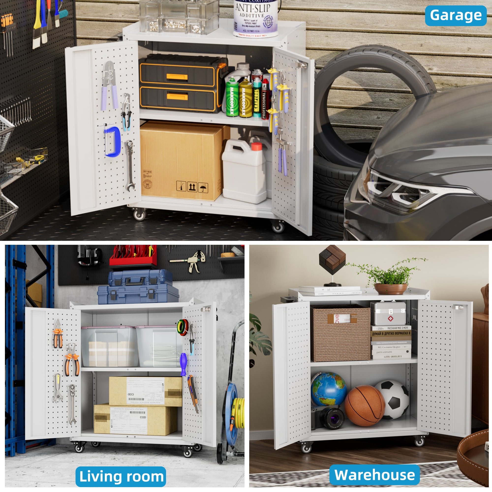 GangMei Metal Rolling Tool Chest, Garage Cabinet with Wheels, Mobile Storage Cabinet for Tools and Supplies,Tool Cart for Home, Garage, Assembly Required (Two Door Mobile Garage Cabinet, White)