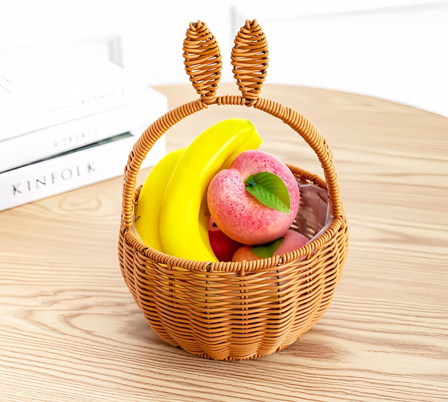 Kids Bunny Wicker Baskets:Wicker Easter Basket with Handle, Easter Basket, Creative Rabbit Ear Shape Picnic Basket, for Candy Egg Bread Flowers Toy Storage, Woven basket (B)