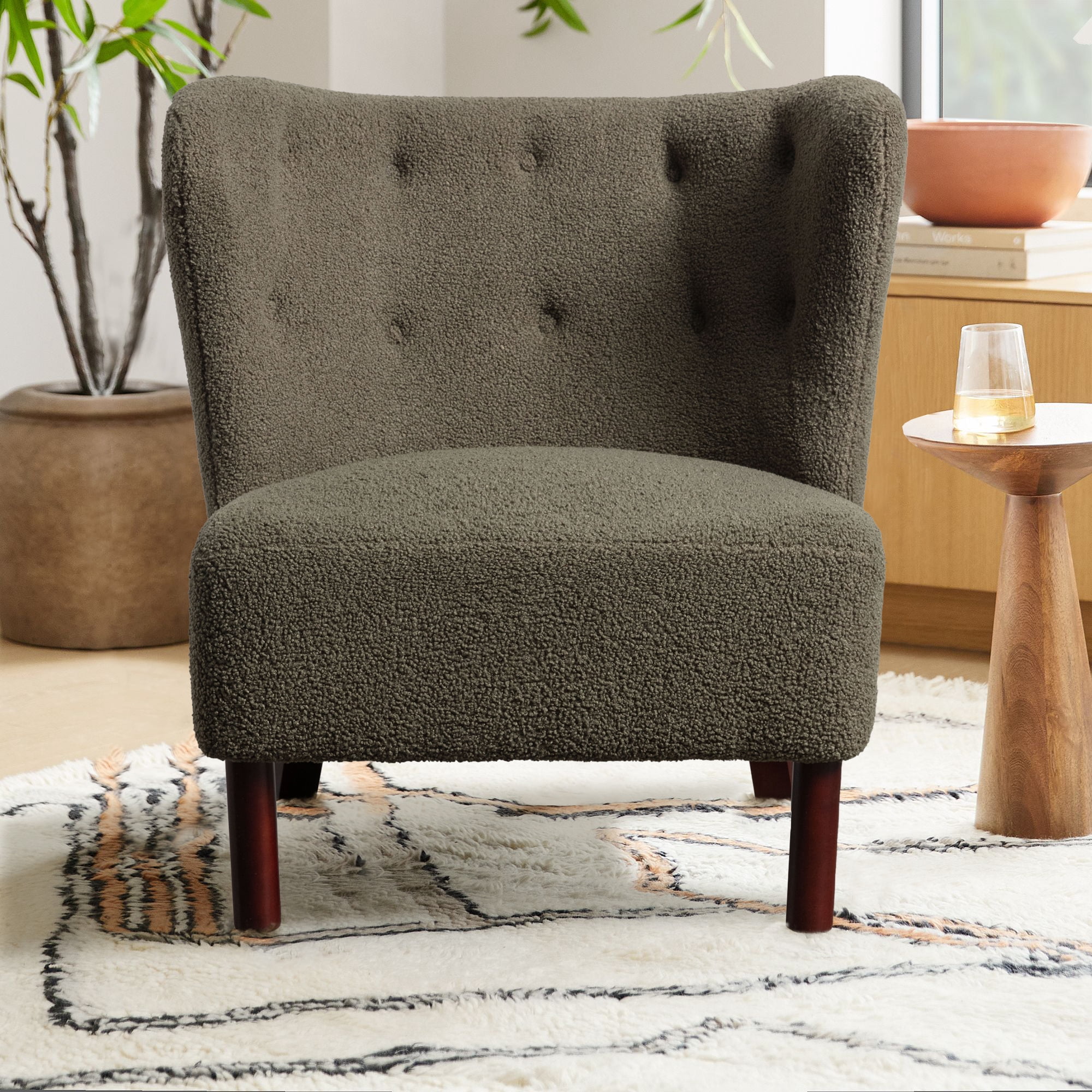 Miniyam Sherpa Boucle Accent Chair with Wooden Legs,Round Upholstered Armless Chair for Small Spaces,Reading Chair,Green
