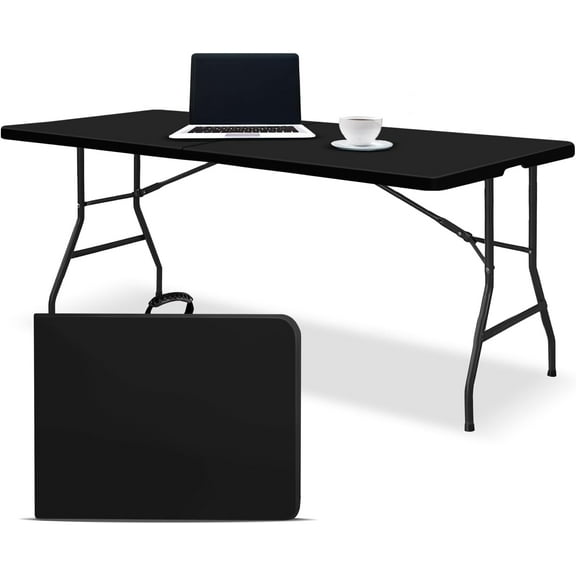 EconoHome Black 8ft Folding Table with Handle | Heavy-Duty Foldable Table | Portable Table for Indoor & Outdoor Use | Perfect for Events, Camping, Parties, Dining & More