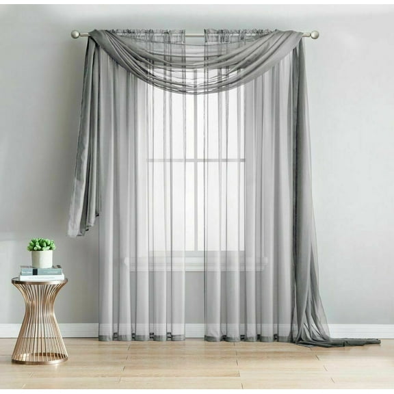 3 Piece Sheer Window Curtain Set - 2 Sheer Curtain   Scarf - Over 20 Colors!