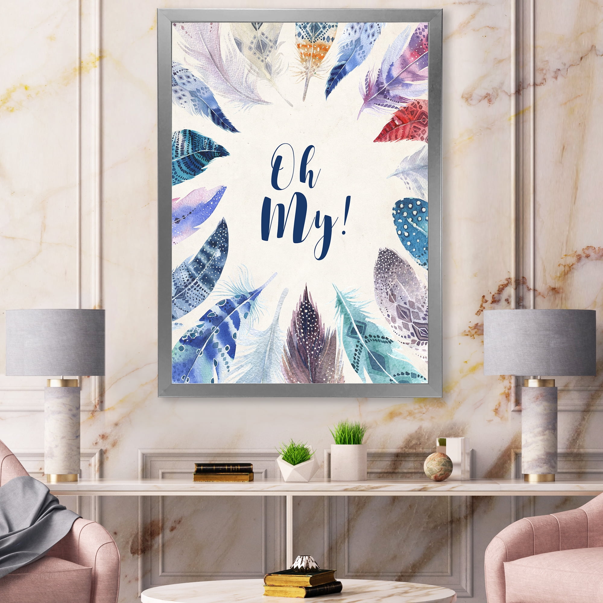 Designart 'Vital Blue Feathers Oh My' Bohemian & Eclectic Framed Art Print