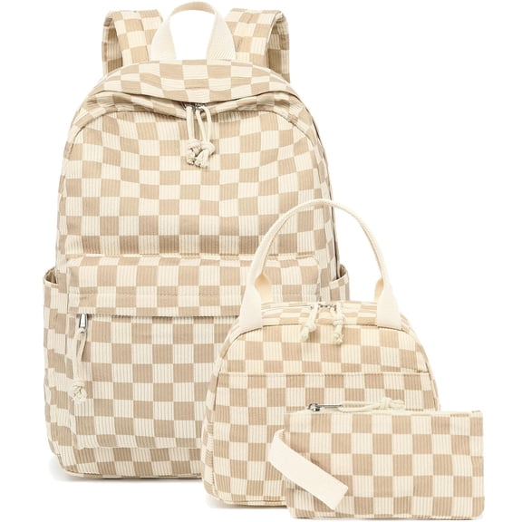 3PC Corduroy School Backpack Bookbag, Welcome Back to School, Lightweight Bookbag with Bow for Elementary Middle High School College Work Travel # Brown White