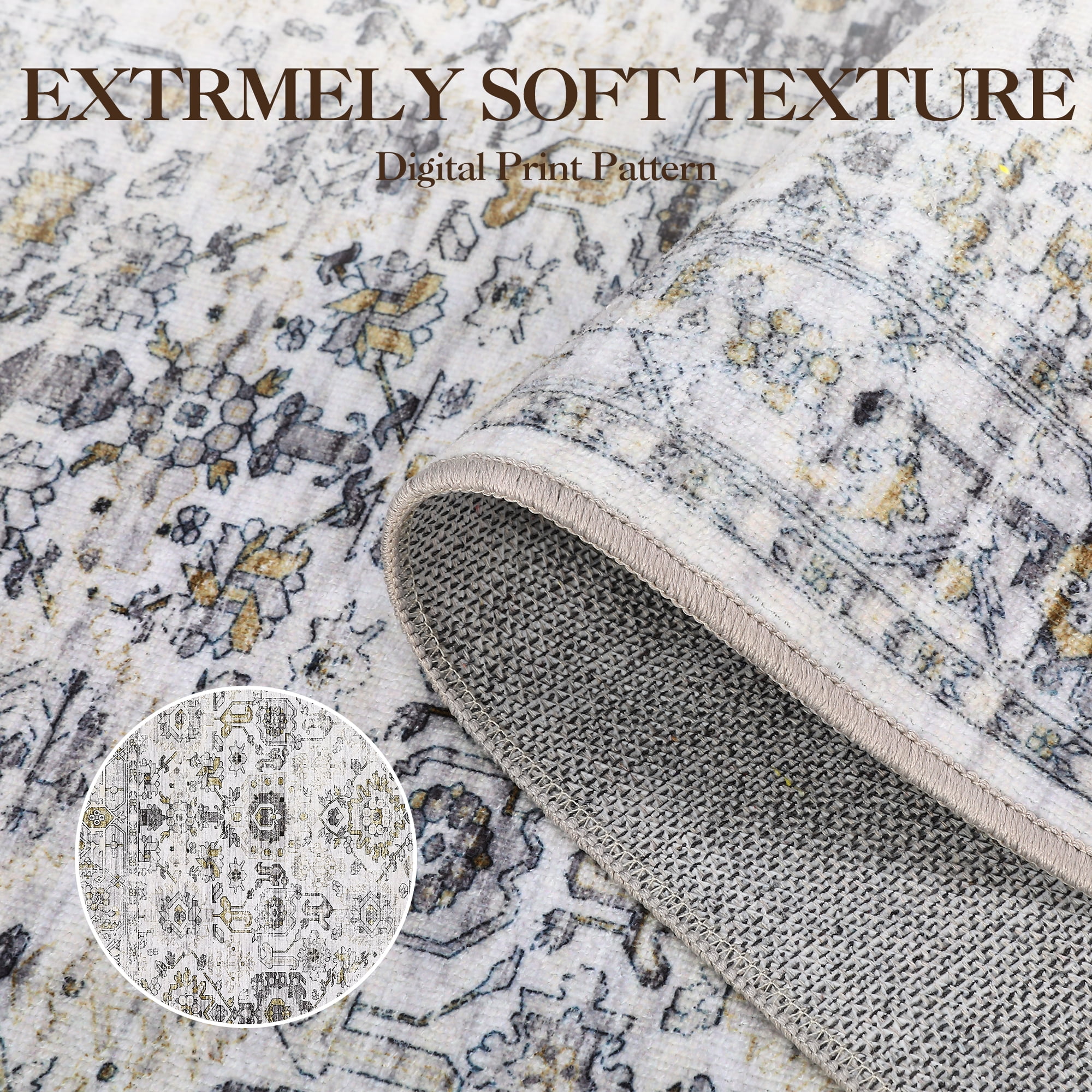 FairOnly 9'x12' Grey Boho Floral Area Rugs for Living Room Low Pile Non Shedding Rugs for Family Room Nursery Carpet