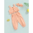 thumbnail image 3 of Seyurigaoka 3Pcs Kids Girls Summer Casual Suit, Solid Color Sleeveless Ruffled Sling Tops + Pockets Long Pants + Headband, 3 of 9