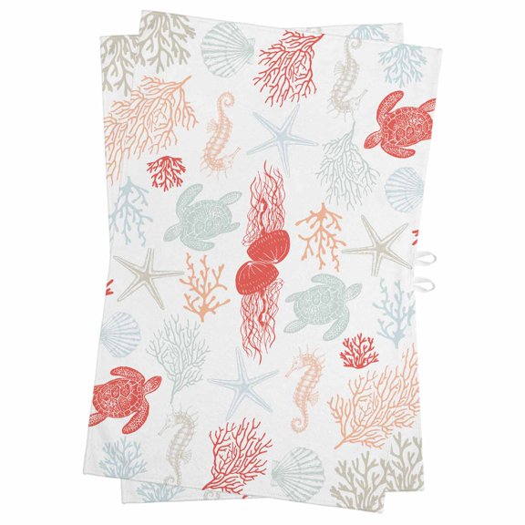 Red Orange Coastal Kitchen Towels Set of 2, Water Absorbent Dish Towel, Nautical Summer Beach Coral Sea Turtle Decorative Hand Towels - Quick Drying Cloth for Cooking Baking, 18x28 Inch