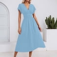 thumbnail image 2 of Women's Summer Solid Color Layered V Neck Batwing Sleeve Waist Pleated Long Elegant Dress Blue S, 2 of 6