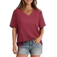 thumbnail image 2 of Womens V Neck Short Sleeve T Shirts Summer Tops Casual Loose Tees Trending Now Wine Red 5XL, 2 of 6