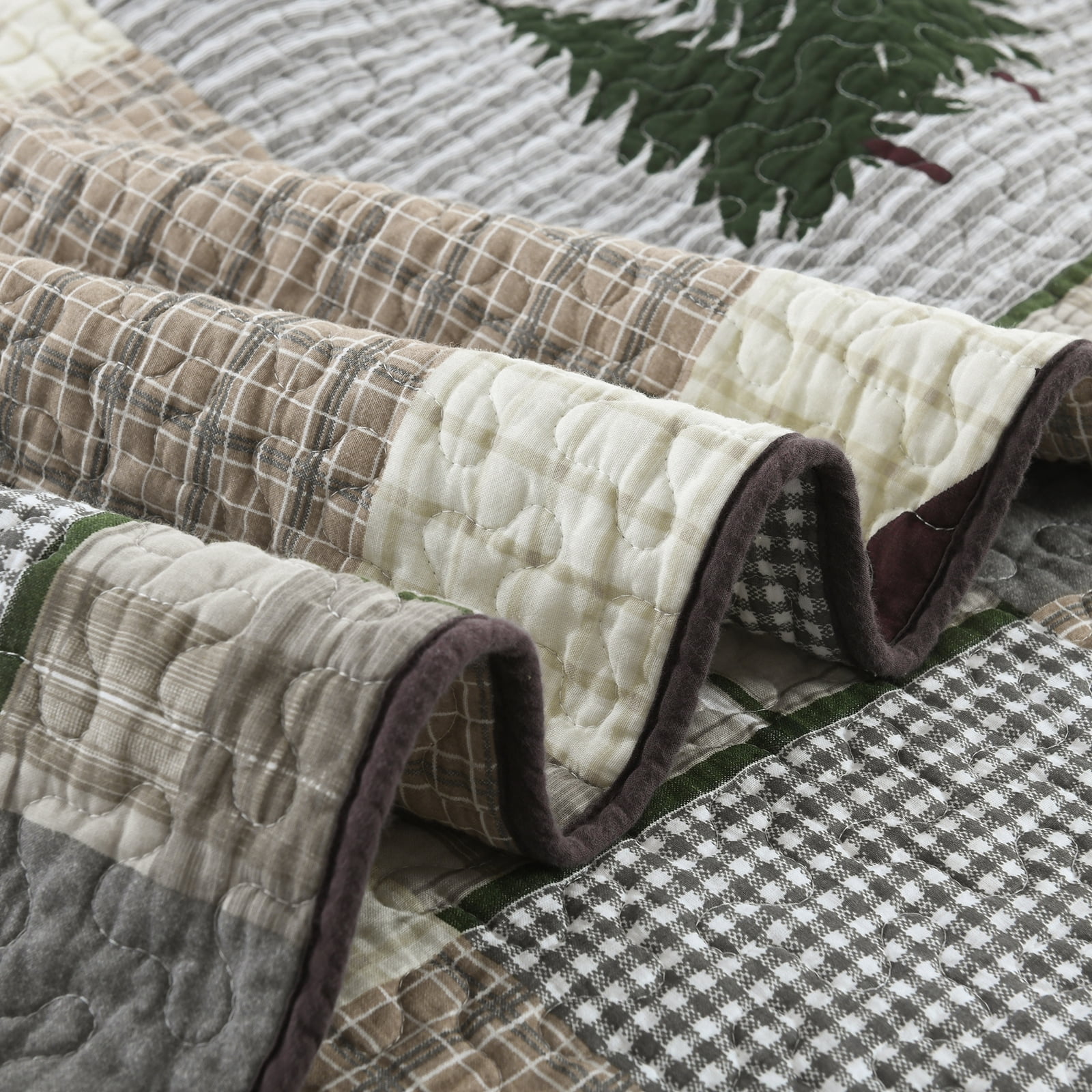 Bedduvit Cotton Quilt for Queen Bed - 100% Cotton Rustic Lightweight Queen Quilt, Brown Gray Patchwork Plaid Quilt Bedspread, Bear & Deer & Tree Farmhouse 3-Piece Quilt Comforter Set, 98x90