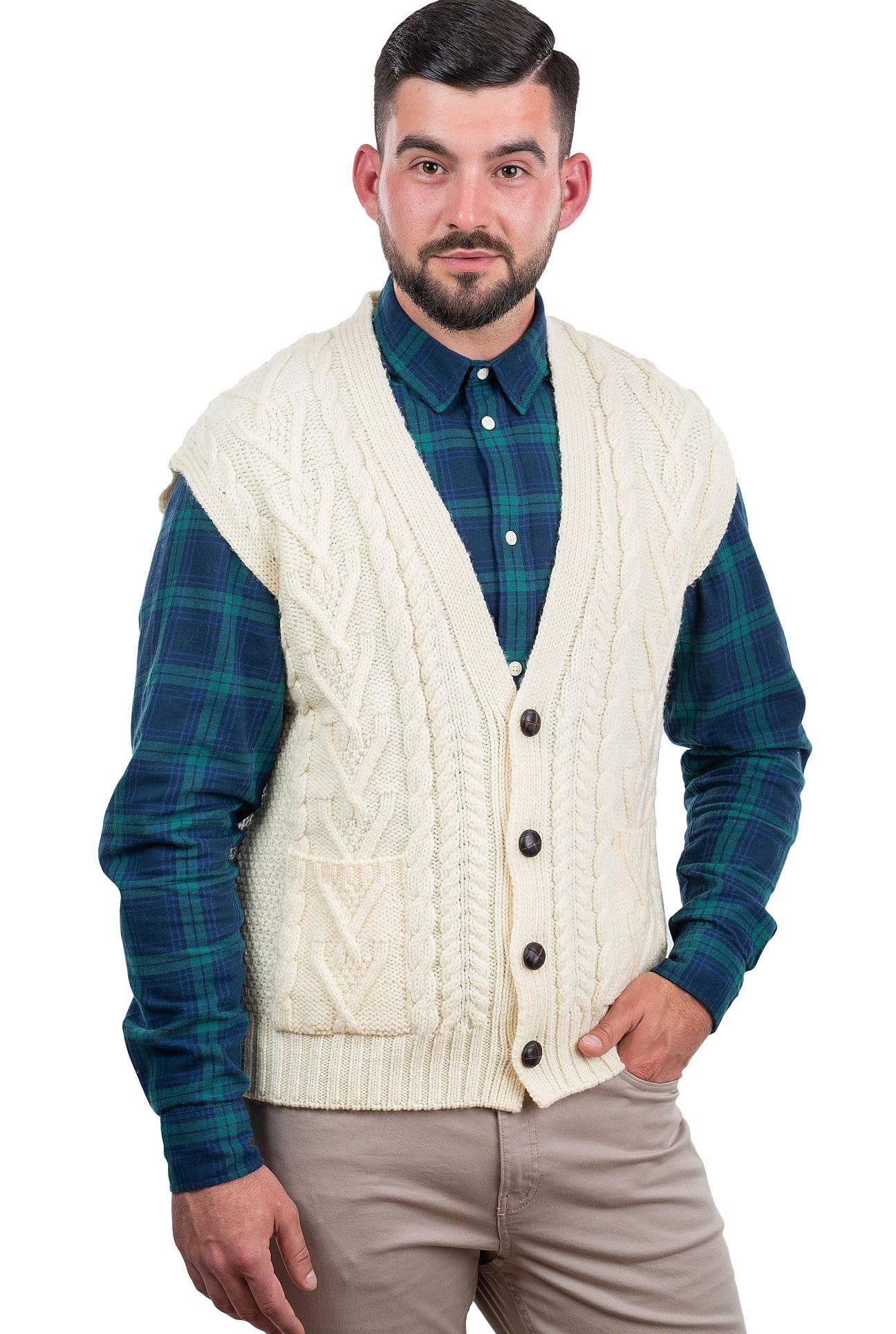 Verslaving lont Huidige SAOL Men's 100% Merino Wool Sweater Vest Aran Irish V-Neck Cable Knit  Sleeveless Cardigan with Buttons and Pockets - Walmart.com