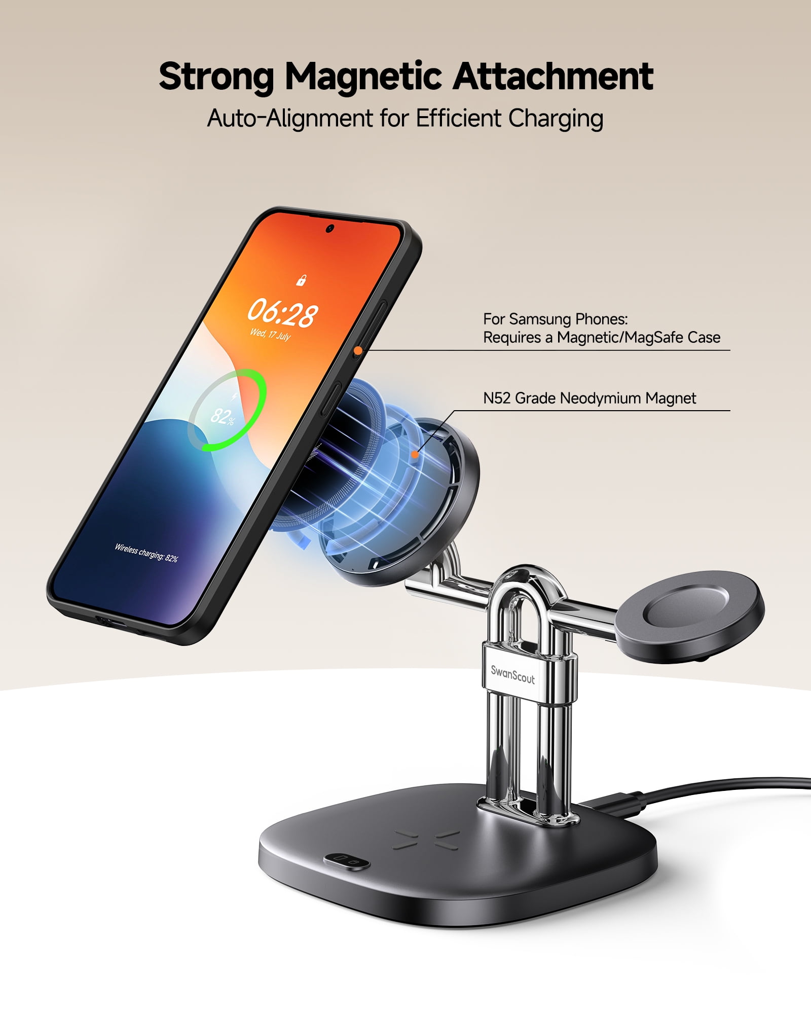 Magnetic Wireless Charger for Samsung Phones (Need A Magnetic Case), for Galaxy S26/S25/S24/S23/Z Fold7/Z Flip 7/S22, Galaxy Watch 8/8 Classic/Ultra/7/6/5/4/3, SwanScout 712SM (No Adapter)