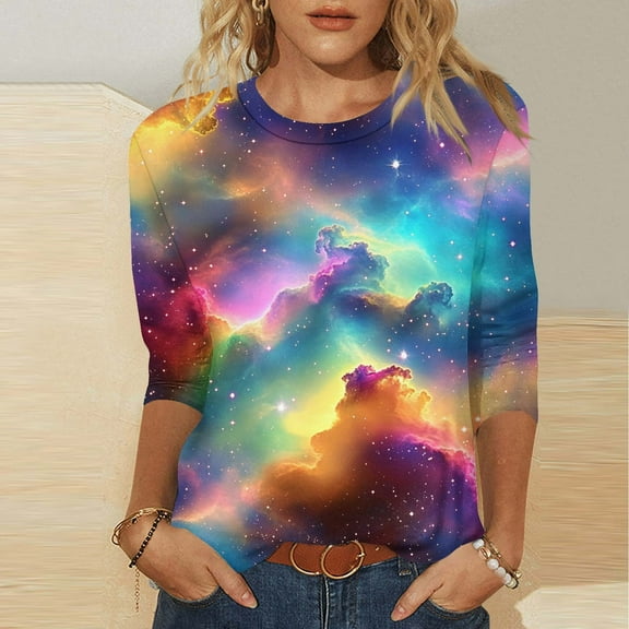 Zynviq Top for Ladies 3/4 Sleeve Purple Casual Elegant Graphic Crew Neck T Shirts Summer Shirts for Women L