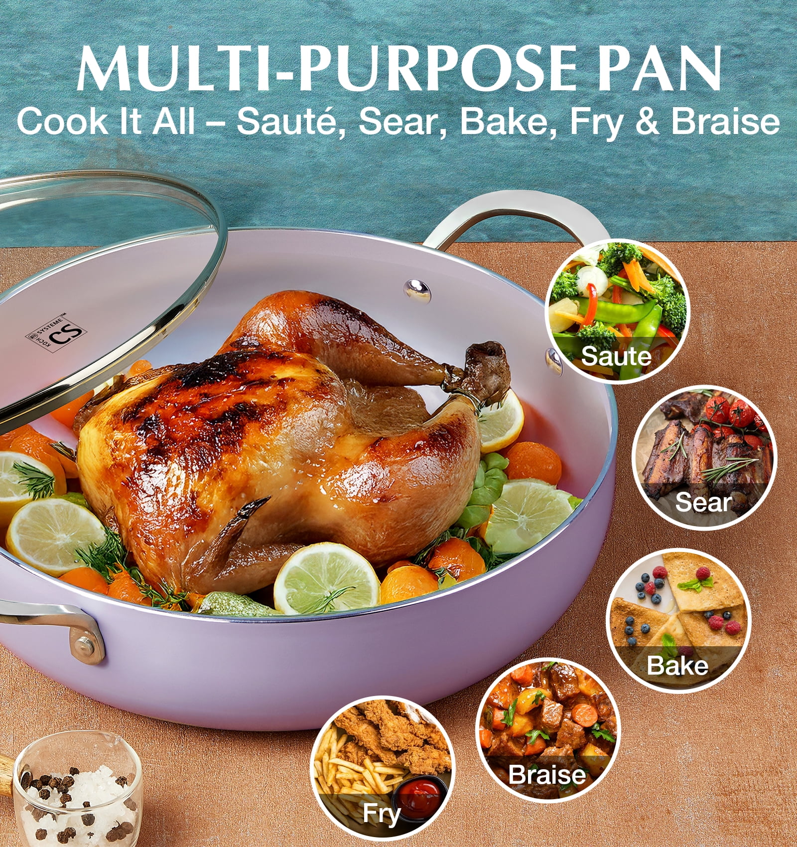 Koch Systeme CS 12 inch Saute Pan with Lid, 5.5-Quart Deep Frying Pan with Nonstick Ceramic Coating, Oven Safe, Induction Compatible, Gradient Purple