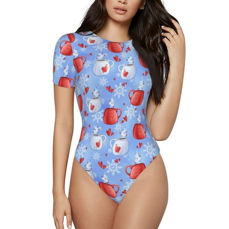 Vsdgher coffee love cup winter Prinr Short Sleeve Body suit for Womens  Sexy Onesie One Piece Round Neck Bodysuit Shapewear Tummy Control-