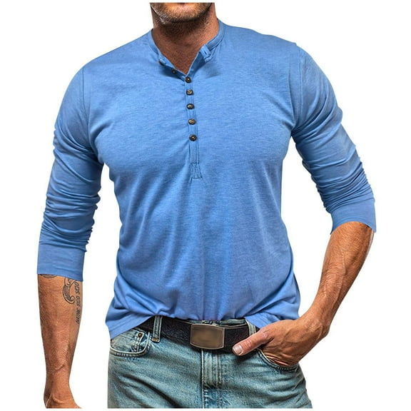 LNWUY Mens Vintage Henley Shirts Classic Retro Long Sleeve Cotton Tee Shirts Casual Button Down Washed T-Shirts Blue XL