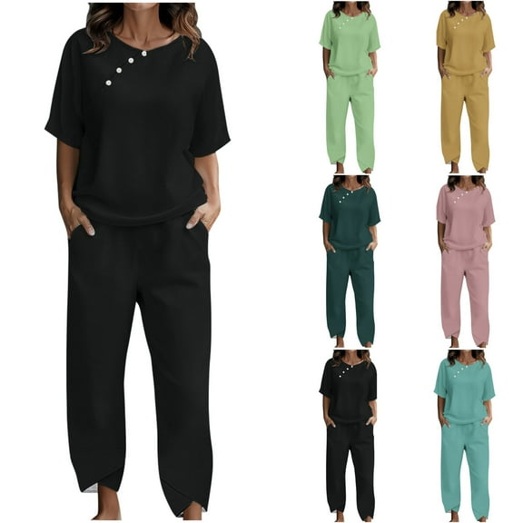 Dazajoo Women's Cotton Linen Sets 2 Piece Half Sleeve Round Neck Tops and Pants with Pockets Summer Lightweight Lounge Suits,Green,XL