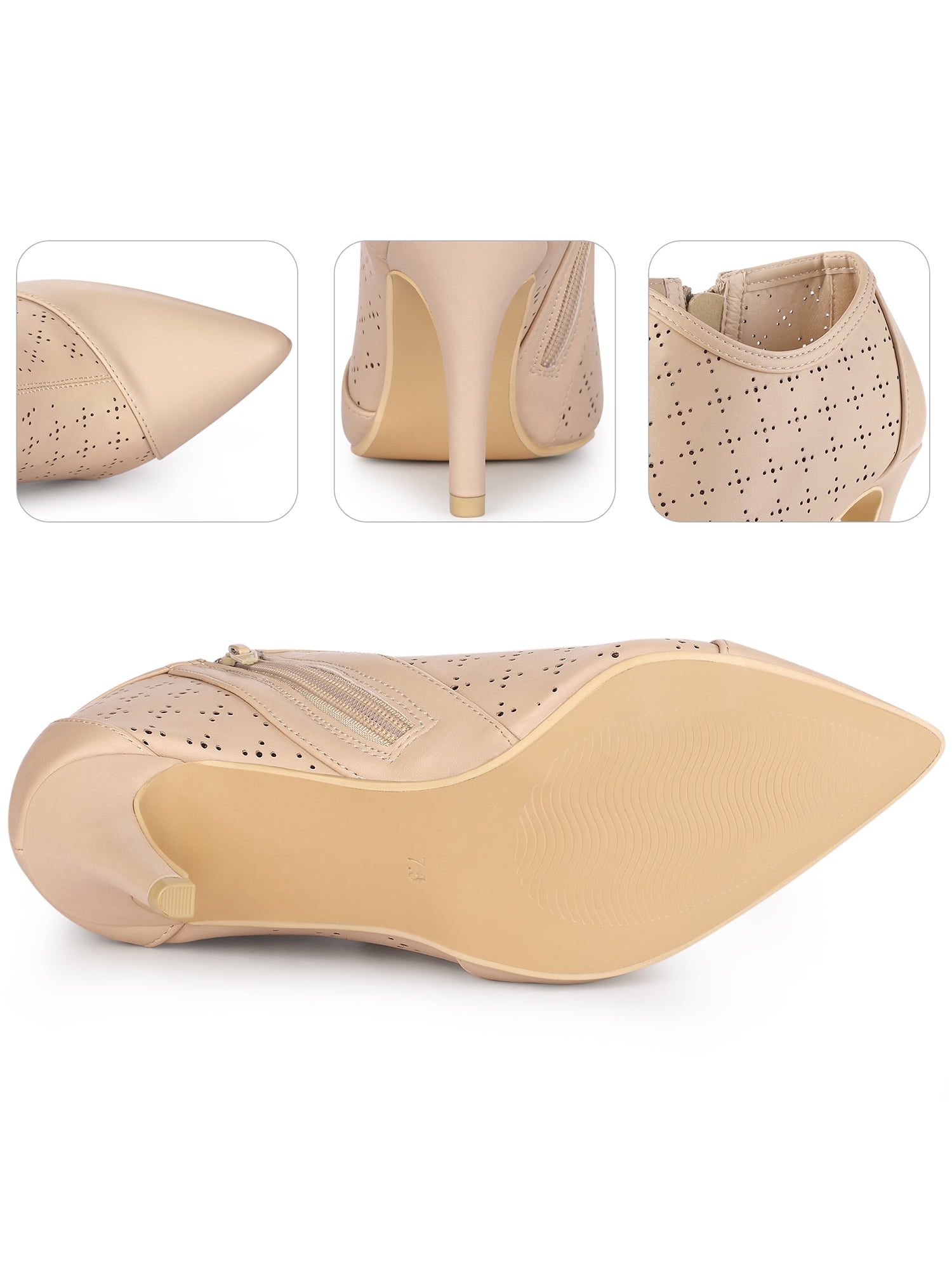 DARING DIVA Women's Perforated Pointy Toe Zipper Stiletto Heeled Ankle Boots Nude 6.5