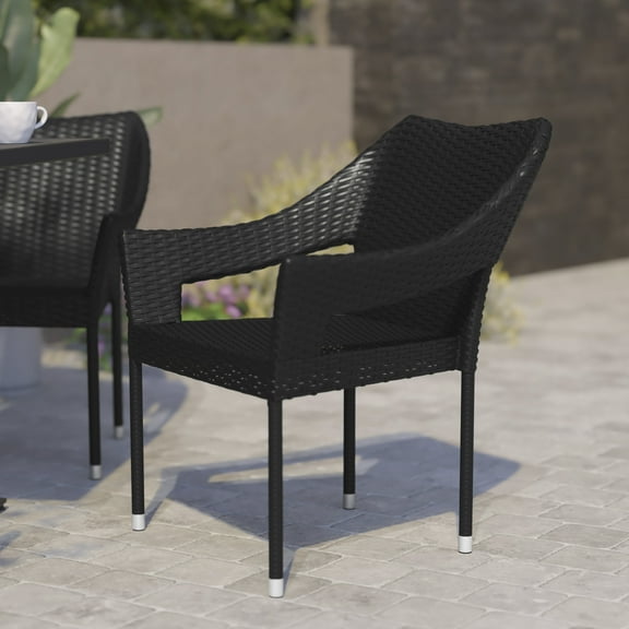 BizChair Commercial Grade Stacking Patio Chair, All Weather PE Rattan Wicker Patio Dining Chair in Black