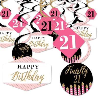 12 x 21st Birthday Hanging Swirls Black & Pinks Party Decorations Age 21 FREE PP 