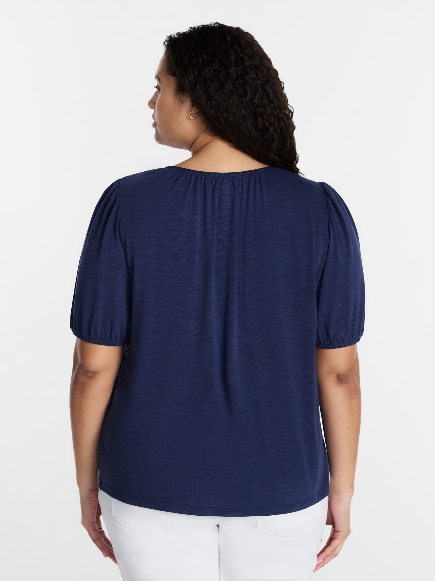 Terra & Sky Women's Plus Notch Neck Femme Puff Sleeve Top, Sizes 0X-5X