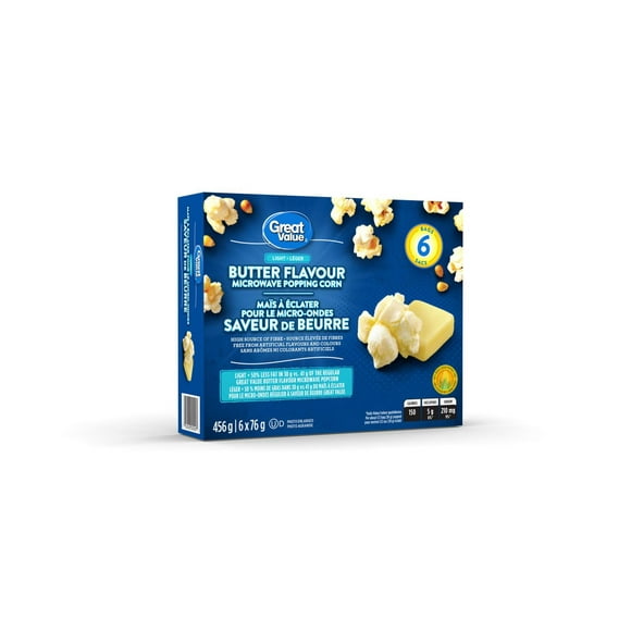 Great Value Light Butter Flavour Microwave Popping Corn, 456 g (6 bags x 76 g)