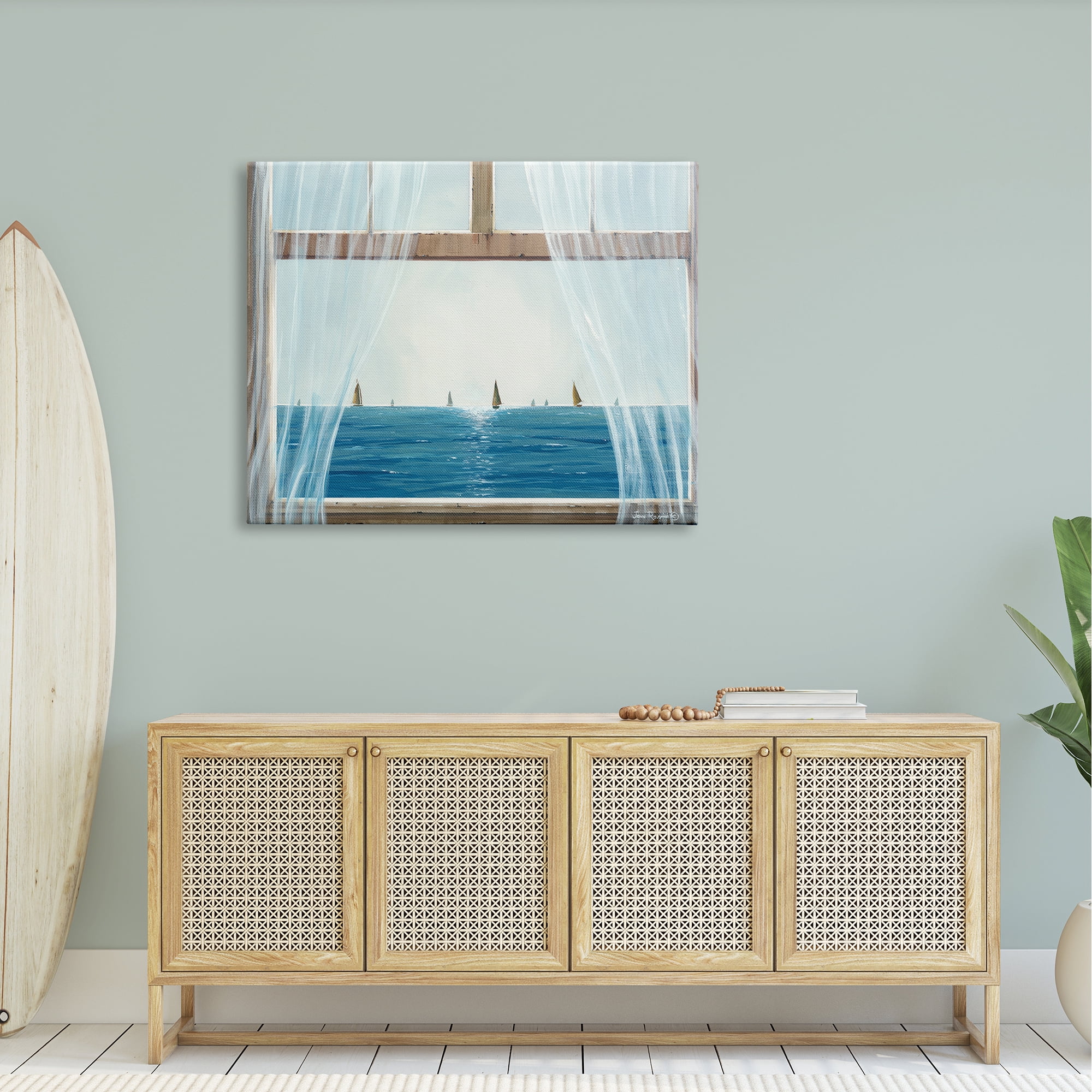 Stupell Industries Serene Beach House Window View Sailboats Ocean Canvas Wall Art, 48 x 36, Design by John Rossini
