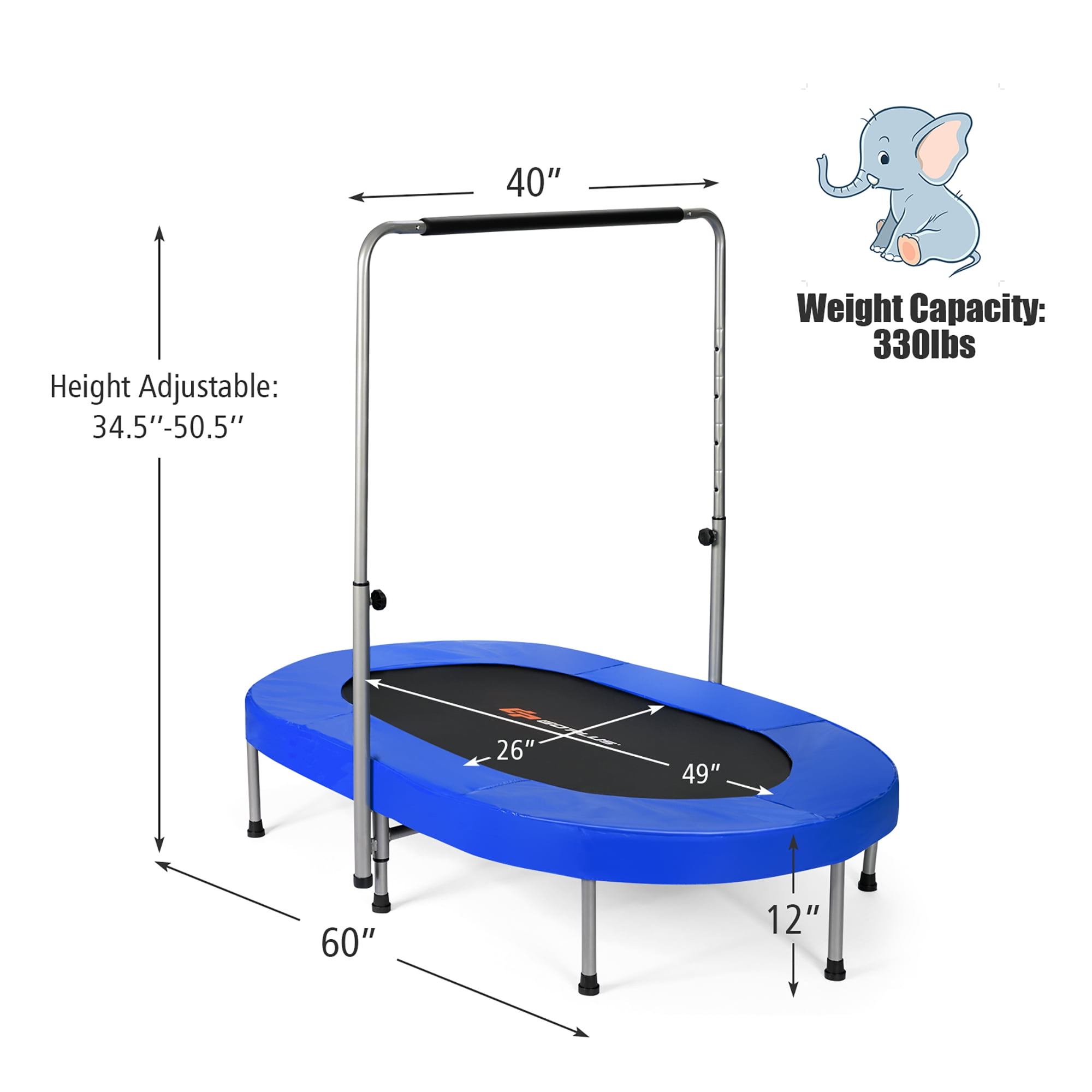 Goplus Foldable Trampoline Double Mini Kids Fitness Rebounder with Adjustable Handle Blue
