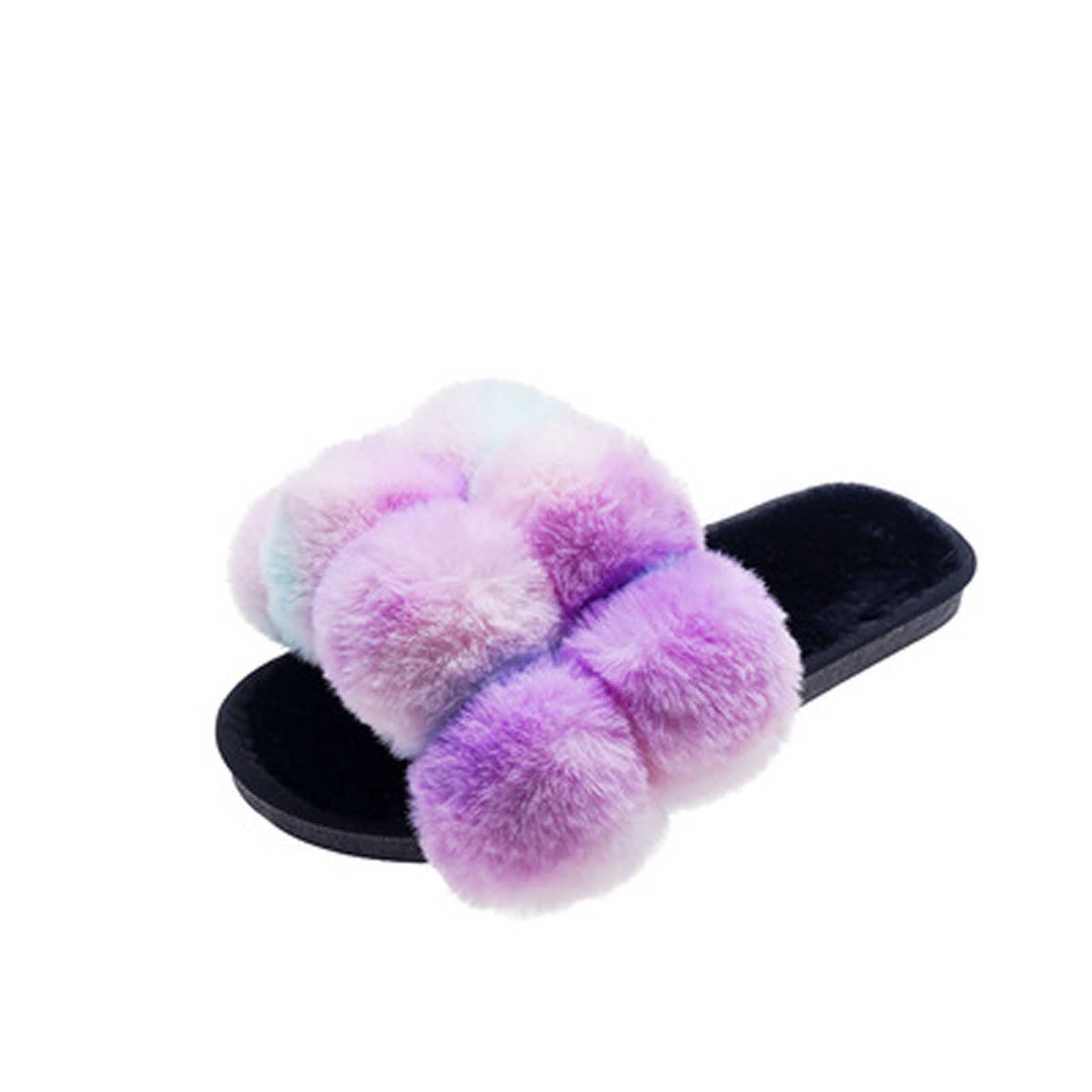 Ladies Rainbow Fluffy  Plush Bootee Slippers With Pom Pom 