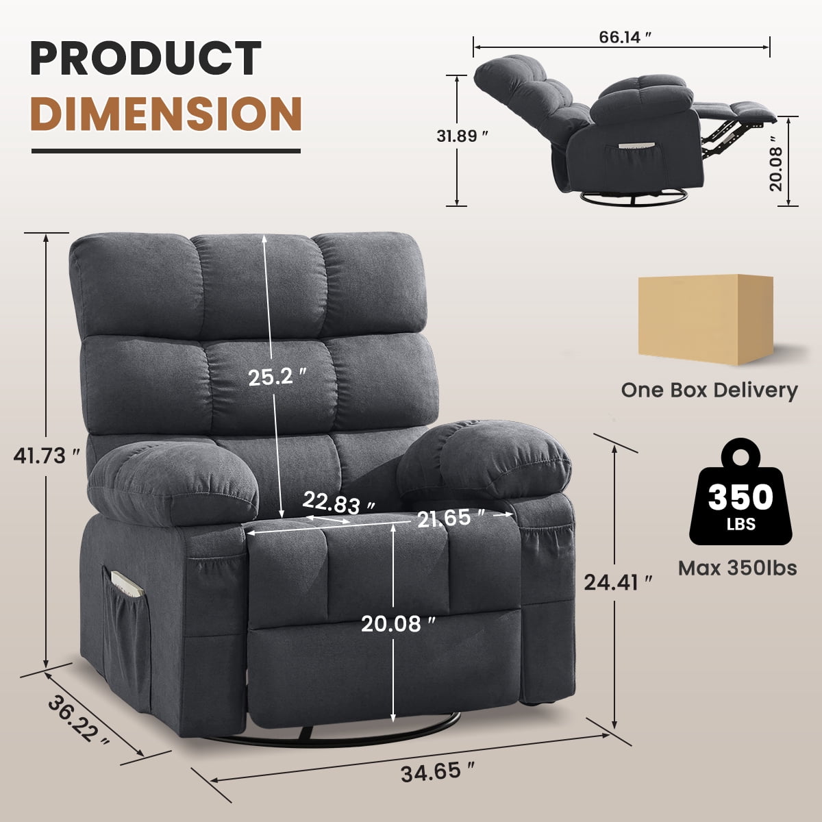 360° Swivel Manual Rocker Recliner Chair with Side and Front Pockets